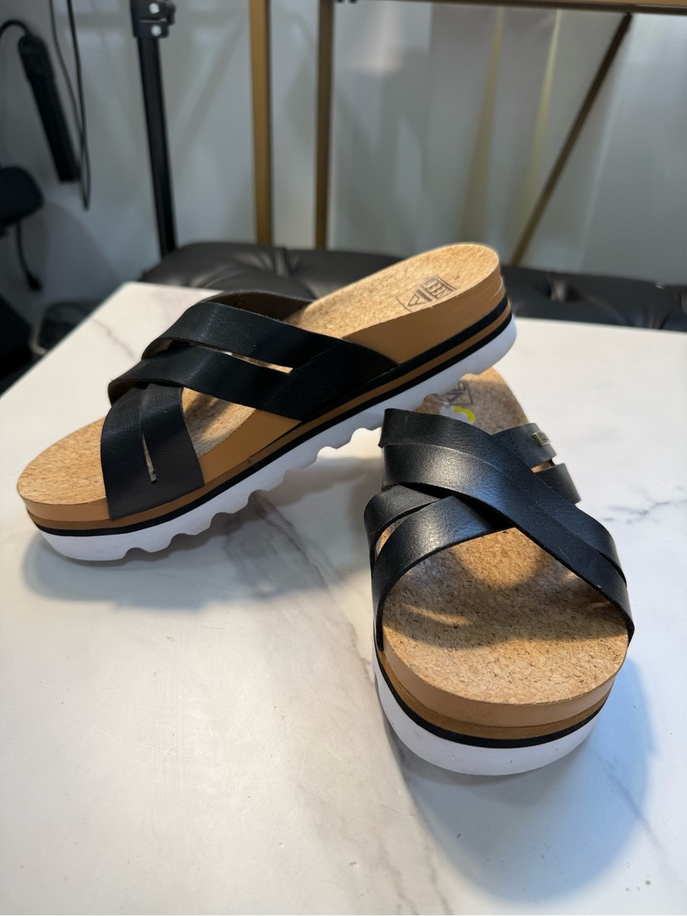 Reef Women's Black Cork Footbed Platform Slide Sandals